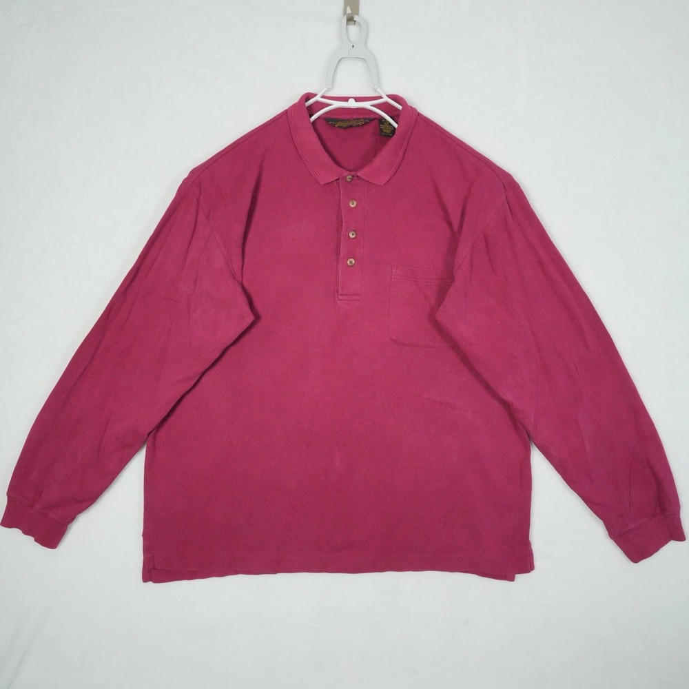 Vintage Eddie Bauer Polo Shirt Mens Large Tall Red Long Sleeve Pocket Cotton